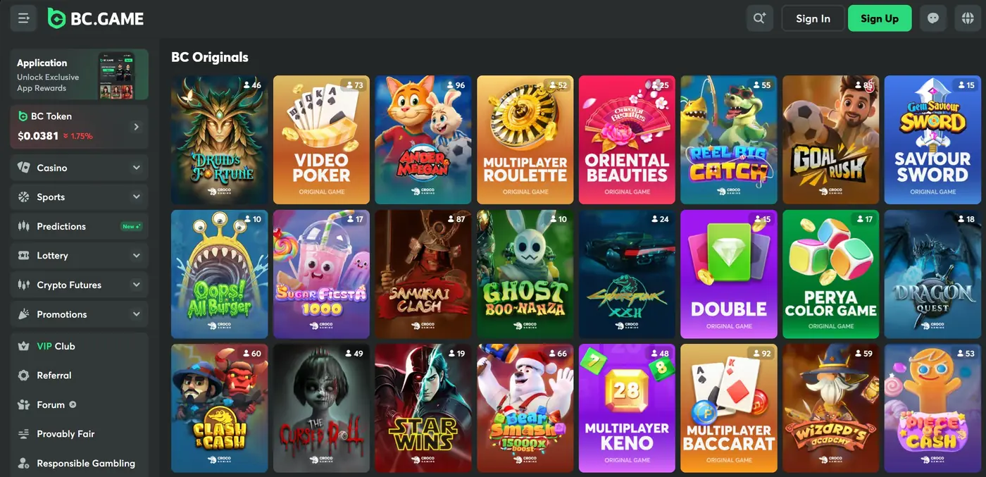 La pantalla del lobby del propio operador: un menú izquierdo con Casino, Sports y Provably Fair, y una cuadrícula de fichas de BC Originals