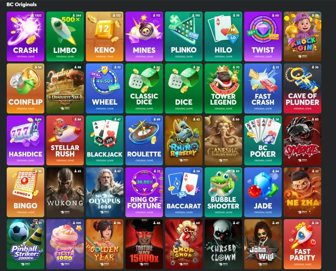 Una cuadrícula de fichas de juegos BC Originals con Crash la primera, y después Limbo, Keno, Mines, Plinko, Hilo y Twist