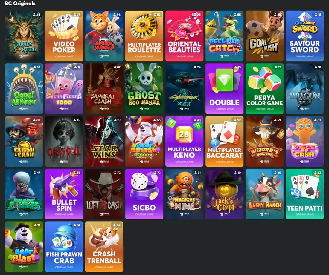 Una segunda cuadrícula de fichas de BC Originals que termina con Crash Trenball, Fish Prawn Crab y Bear Blast