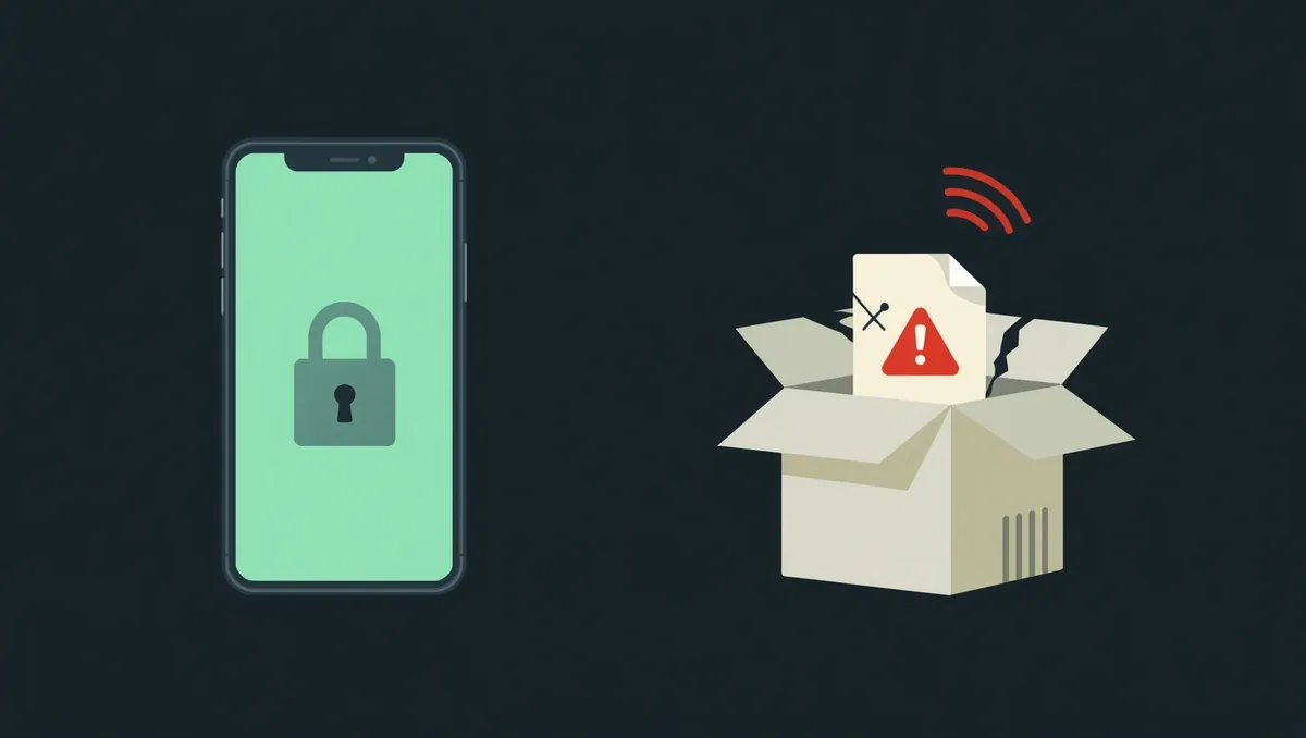 A phone with a browser window and a padlock beside an opened box holding an unmarked file and a red warning triangle