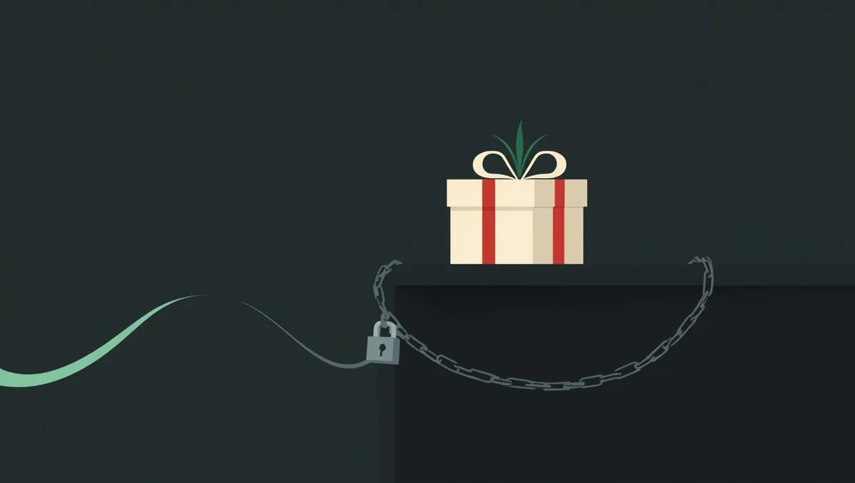A gift box chained to a padlock on a dark panel, with a thin green curve behind it