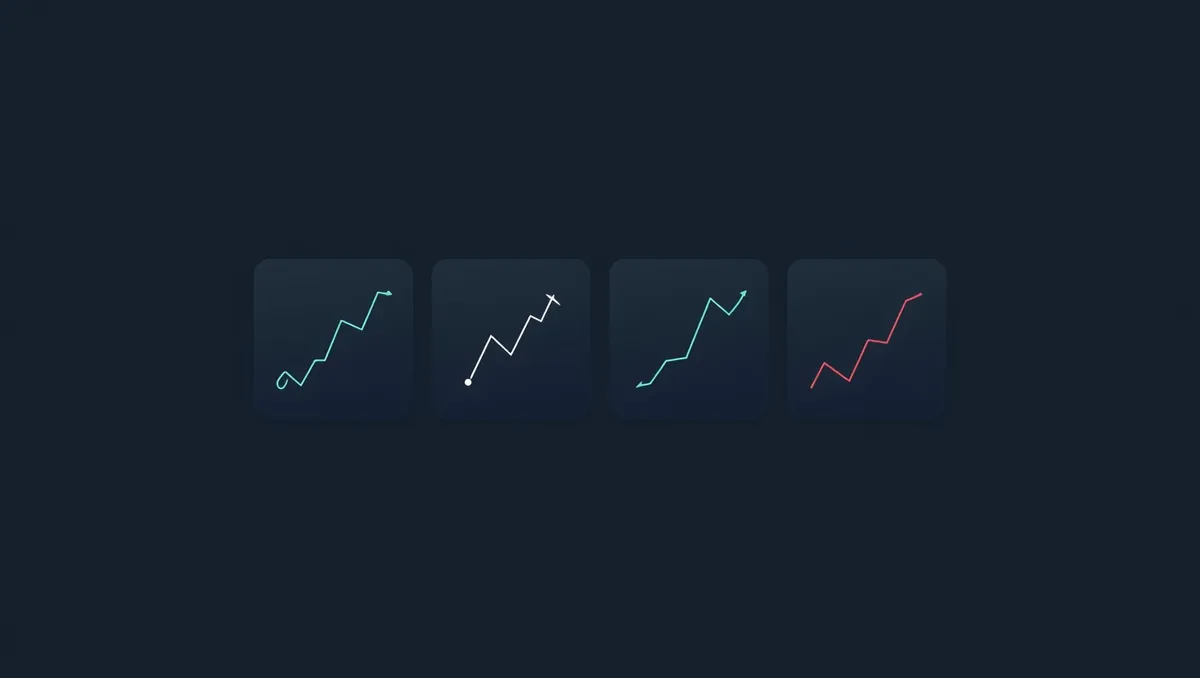 Four small dark screens in a row, each showing a differently shaped rising line