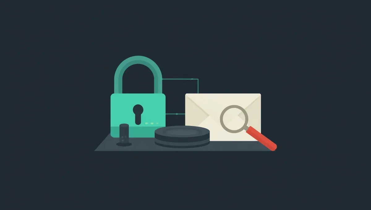 A padlock beside a sealed envelope and a magnifying glass on a dark panel