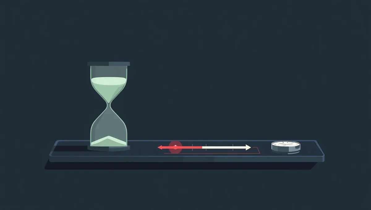 An hourglass on a dark panel beside a flat line that stops at a marked point