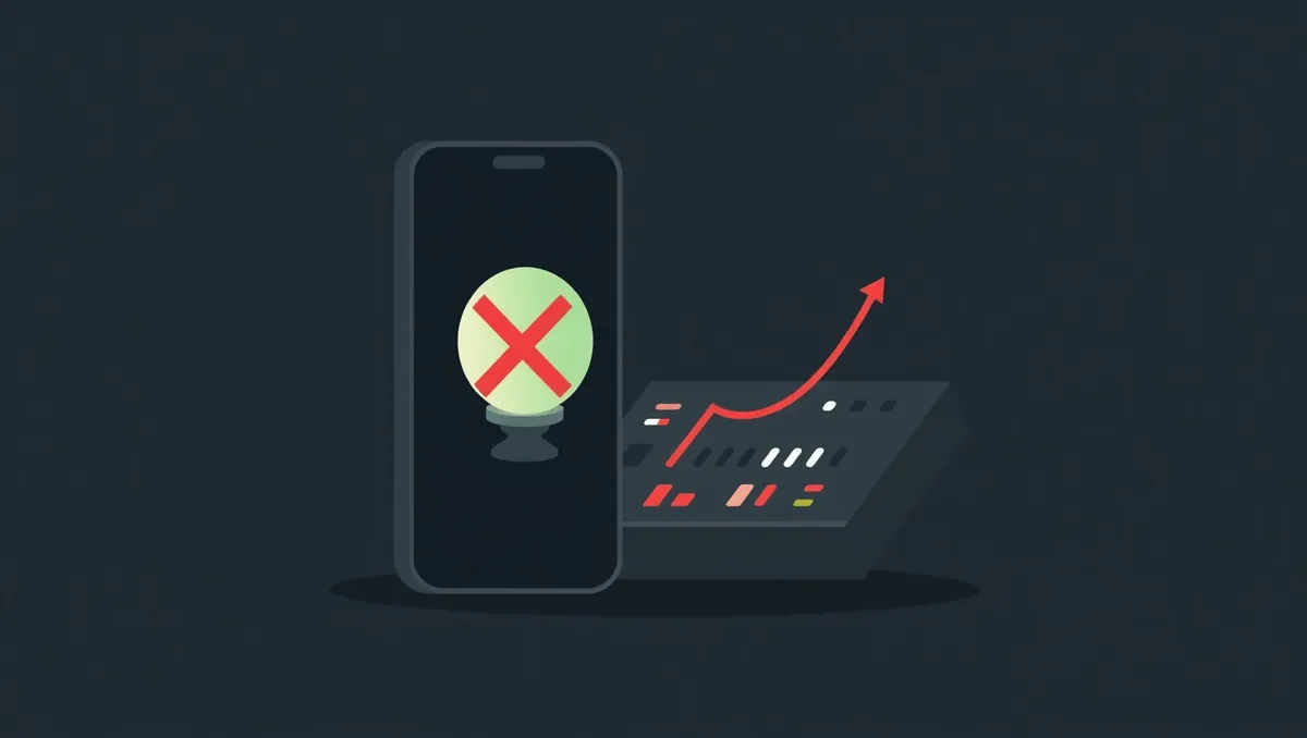 A phone showing a crossed-out fortune-telling icon next to a console panel with a rising line