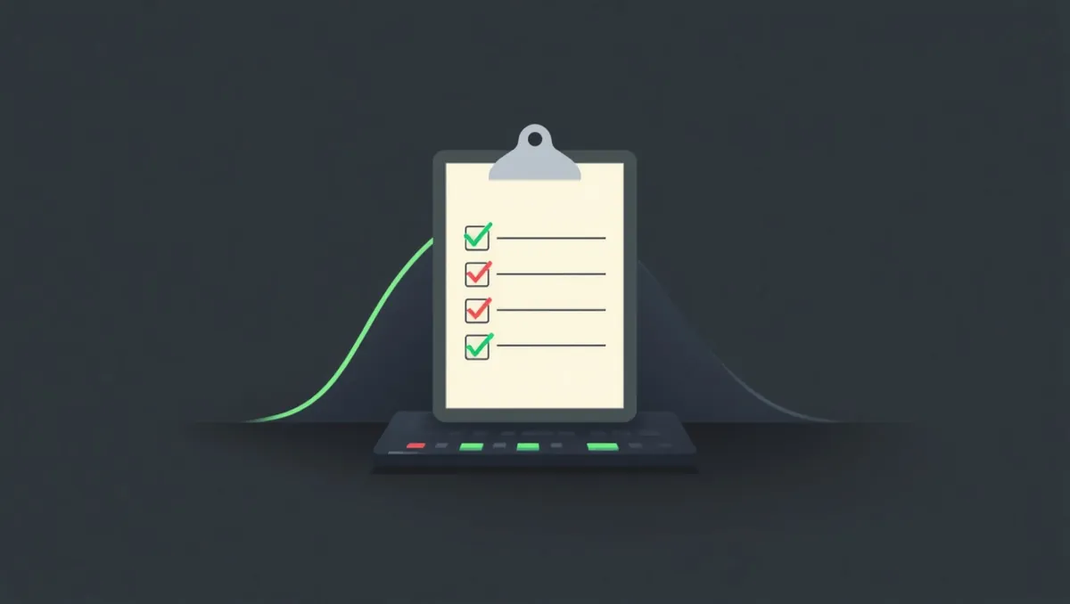 A clipboard with a blank checklist and three tick marks standing on a dark console panel
