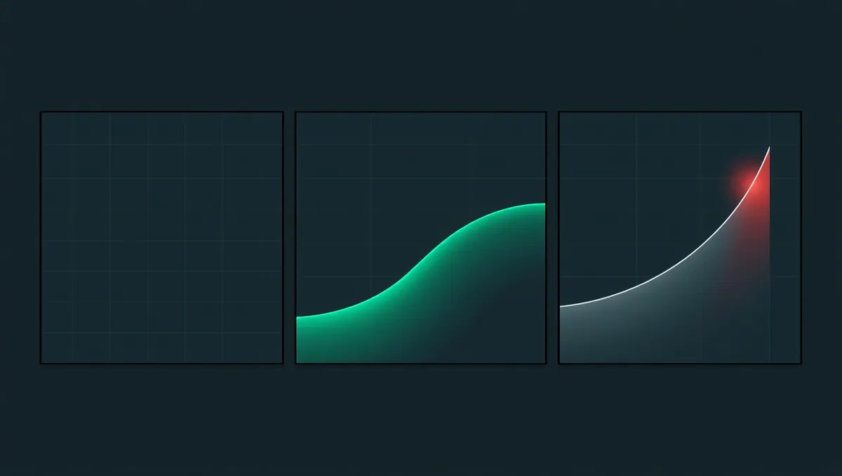 Tres paneles que muestran una pantalla vacía, después una curva verde ascendente y después la misma curva cortada en rojo